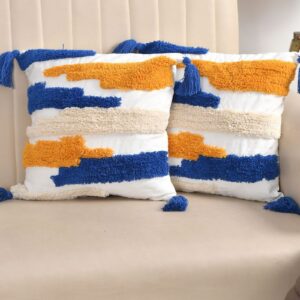Tarisa Sofa Cushion Cover Cotton | Cushion Covers 16 inch x 16 inch Blue-Yellow-White